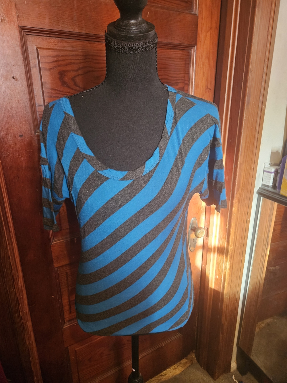 Lipstick Boutique Blue and Gray Diagonal Stripe Scoop Neck Top